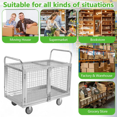 Seven In One Platform Trolley With Cage For Industrial Material Storage Built To Haul Fully Adjustable Design Converts Into Five Sided Cage Cart Four Sided Fence Cart Market Trolley Three Sided Fence Cart Double Sided Cart Dual Handle Platform Truck, silver-gray wire cage