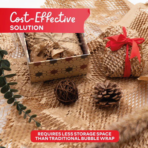 Heavy Duty Brown Honeycomb Packing Paper For No Sweat Moving Day Prep, Super Stretchy Shock Absorbing Cushion Wrap That Really Holds Up Without The Bubble Wrap Hassle, Comes Ready With Thirty Fragile Labels laid out with gifts and decorative elements.