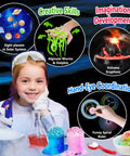 Child using 250 Plus Science Experiments Kit for Kids, Chemistry Set and STEM Projects, featuring volcano and solar system.