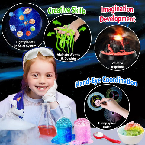 Child using 250 Plus Science Experiments Kit for Kids, Chemistry Set and STEM Projects, featuring volcano and solar system.