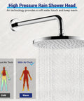Wall Mounted Rainfall Shower System With 10 Inch High Pressure Head, shown with air technology benefits, polished chrome finish.