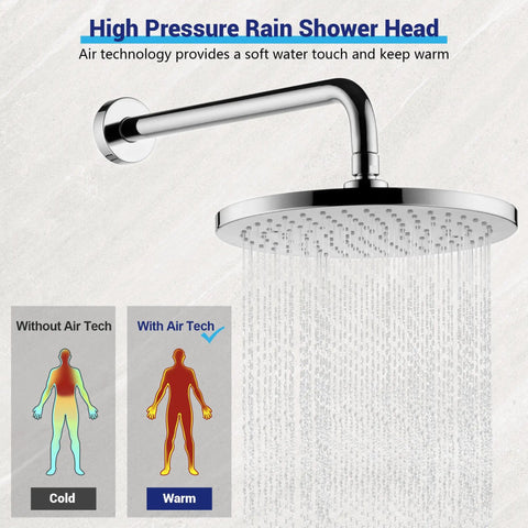 Wall Mounted Rainfall Shower System With 10 Inch High Pressure Head, shown with air technology benefits, polished chrome finish.