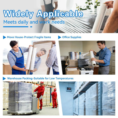 18 Inch Heavy Duty Stretch Wrap Film Pack Of 2 Rolls, 1200 Feet Each Roll, 60 Gauge Clear Pallet Wrap For Moving And Shipping shown in various uses