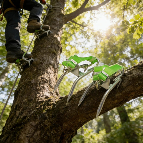 Tree Climbing Spikes And Strap On Shoes Set For Outdoor Climbing Anti Slip Gear showing aluminum spikes on tree trunk