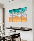 Ocean Wave Acoustic Wall Panels To Soak Up Room Echo Self Adhesive Coastal Design Tiles on a wall above a modern dining table.