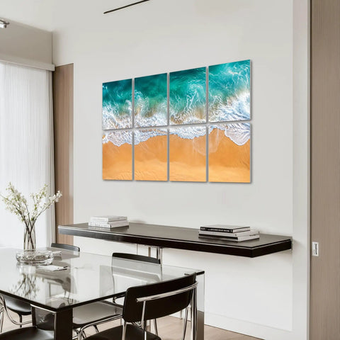 Ocean Wave Acoustic Wall Panels To Soak Up Room Echo Self Adhesive Coastal Design Tiles on a wall above a modern dining table.