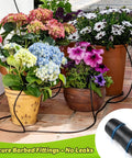Potted plants with 230 Piece All In One Quarter Inch Barbed Drip Irrigation Fittings Kit watering system, secure fittings, no leaks.