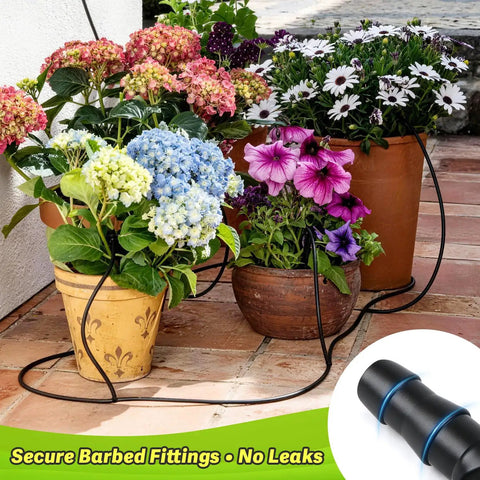 Potted plants with 230 Piece All In One Quarter Inch Barbed Drip Irrigation Fittings Kit watering system, secure fittings, no leaks.