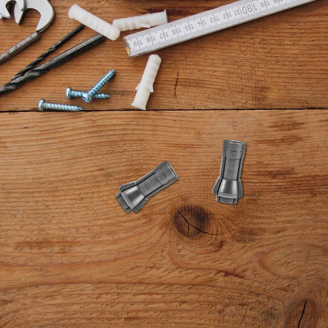 3 Piece Pro Grade 6mm Rotary Tool Collet Set on wooden table with tools and screws