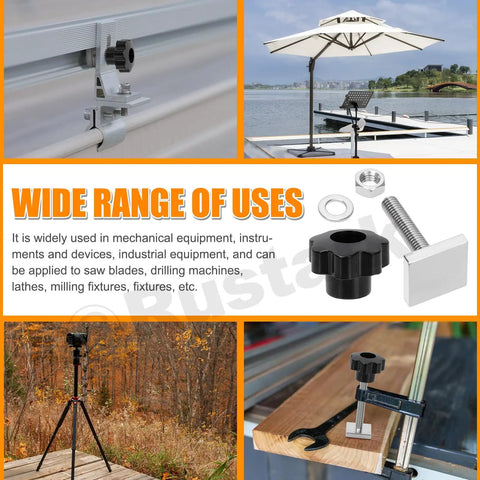 Collage showing uses of 24Pcs M8 T Track Bolt Adapter Kit With 7 Star Knobs Nuts And Washers For Roof Rack Rails.