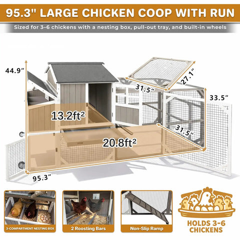 Spacious Backyard Chicken Coop With Walk-In Run And Wheels For 3 To 6 Hens, 95.3 Inch Wooden Hen House with measurements and features