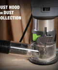 WORKPRO compact router kit with clear base and green knob, dust hood for dust collection