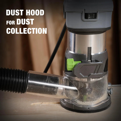 WORKPRO compact router kit with clear base and green knob, dust hood for dust collection