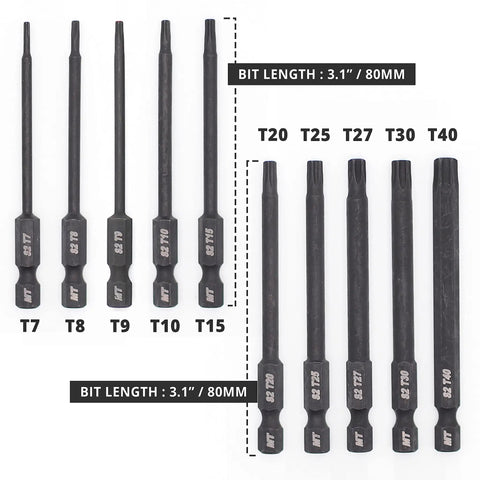 10 Piece Impact Rated Security Torx Bit Set With Magnetized Bits And Magnetic Extension Three Inch S2 Steel MnPO Coating Heat Treated For Home Improvement Auto DIY And Pro Grade Jobs