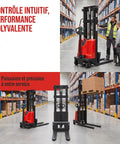 Heavy Duty 3300 Lbs Semi Electric Straddle Pallet Stacker With A Smooth 48V Motor Plus Durable Polyurethane Tires Built Like A Badass Workhorse For Seamless Daily Warehouse Tasks in a modern warehouse setting.