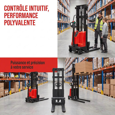 Heavy Duty 3300 Lbs Semi Electric Straddle Pallet Stacker With A Smooth 48V Motor Plus Durable Polyurethane Tires Built Like A Badass Workhorse For Seamless Daily Warehouse Tasks in a modern warehouse setting.
