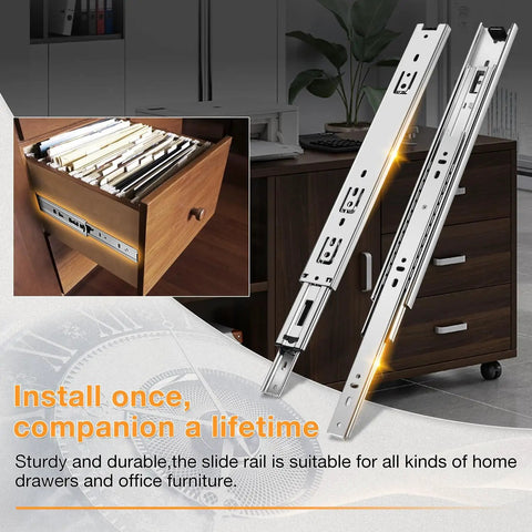 Full Extension Drawer Slides Side Mount 20 Inch Heavy Duty Ball Bearing Rails For Dresser Cabinet Kitchen 100 Lb Capacity 2 Piece Pair White Smooth Glide Action Easy Install Hardware Included on a wooden cabinet with folders