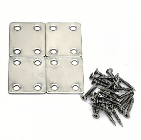 4 Pack Hella Durable 304 Stainless Steel Mending Plates For Wood Repair Include Screws Rust Proof Flat Corner Braces in silver finish.