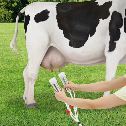 Person using 3L Electric Pulsation Milking Machine For Cows And Goats, Portable Vacuum Milker on cow in field.