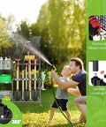 Father and child watering lawn next to Wheeled Garden Tool Organizer With 3 Tier Rack And Extra Storage Basket For Garage Shed Basement