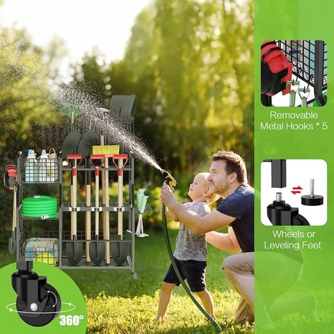 Father and child watering lawn next to Wheeled Garden Tool Organizer With 3 Tier Rack And Extra Storage Basket For Garage Shed Basement