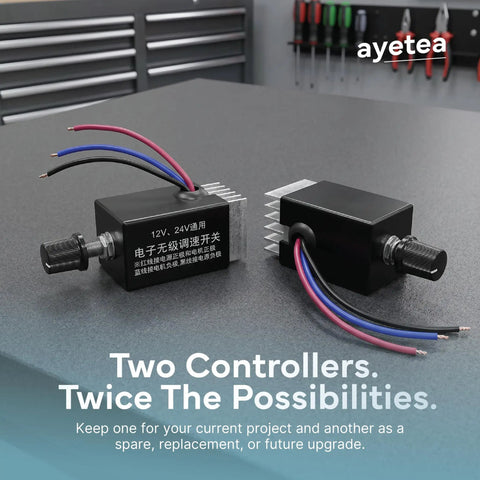 Stepless DC Motor Speed Controller For 12V And 24V Systems With 10A PWM Variable Regulator And Smooth Rotary Dial Easy Install Replacement For Broken Factory Switches Panel Mount Drive Controller For RC Cars Robotics And DIY Projects, two units with wires