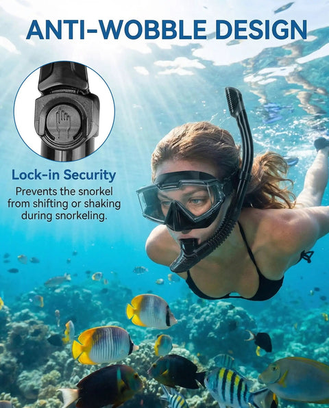 Woman using All-In-One Snorkel Mask Set With Dry Snorkel And 180 Degree Panoramic View, Anti-Fog And Anti-Leak Tech, Built For Adults underwater with fish