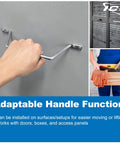 Hand using adaptable metal handle on a gray surface with inset images of person carrying a wooden box and metal lockers.