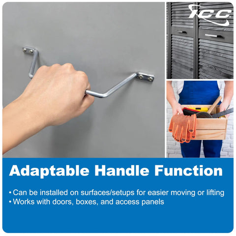 Hand using adaptable metal handle on a gray surface with inset images of person carrying a wooden box and metal lockers.