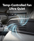 Temp-Controlled Fan Ultra Quiet in car, designed for perfect airflow, compact and easily positioned for comfort.