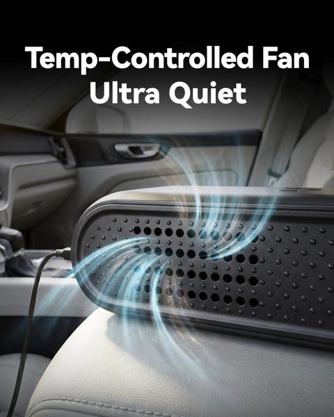 Temp-Controlled Fan Ultra Quiet in car, designed for perfect airflow, compact and easily positioned for comfort.