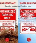 Authorized Parking Only Sign 2 Pack Towed At Owners Expense Warning Plate 14 By 10 Inch Heavy Duty Aluminum outdoor signs shown with dust and water resistance features.