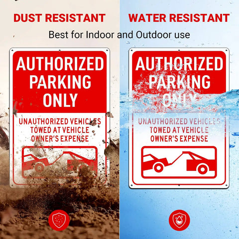 Authorized Parking Only Sign 2 Pack Towed At Owners Expense Warning Plate 14 By 10 Inch Heavy Duty Aluminum outdoor signs shown with dust and water resistance features.