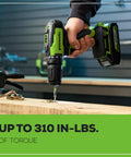 Person using Beast 24V Brushless Cordless Drill Kit With Two 2Ah Batteries And 2A Charger, LED Light on wooden plank.