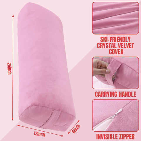 Rectangular Yoga Bolster Pillow For Restorative Yoga And Meditation, Plush Meditation Cushion With Carry Handle, 27 X 10 X 6 Inches, Pink Crystal Velvet Cover, Durable Foam Blend For Deep Relaxation And Cozy Support. Pink rectangular yoga bolster pillow with carry handle, 25in x 12in x 6in