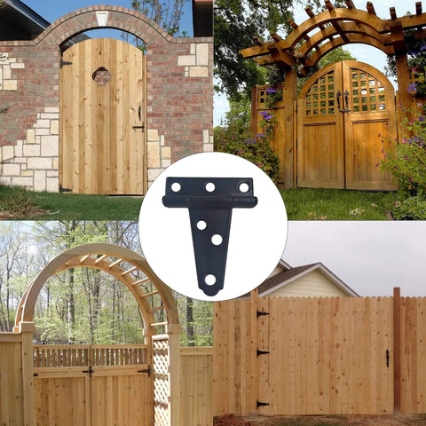 6-Pack Heavy Duty 2 Inch T-Strap Hinges In Black Rustic Iron used on wooden gates and fences; outdoor installation examples