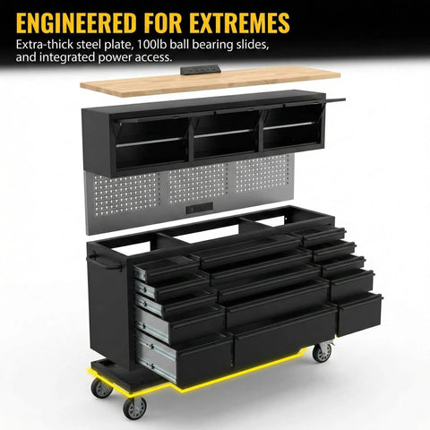 72 Inch Rolling Tool Chest With Upper Cabinet And Pegboard On Wheels, 18 Drawer Beefy Heavy Duty Tool Storage Cabinet Plus Wooden Workbench, Lockable Steel Toolbox For Garage Or Shop Or Warehouse, Durable Black Finish. Exploded view with drawers, pegboard, and workbench