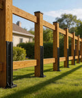 Heavy Duty H-Frame Fence Post Repair Kit, Hella Tough Quick Fix For Wobbly Wooden Posts, No-Nonsense Bolt Down Ground Anchor Bracket with wooden posts.