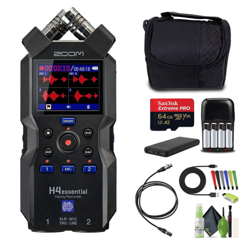Four Track Portable Recorder With 32 Bit Float Audio, Stereo XY Mics, Two XLR TRS Combo Inputs, USB Interface For Musicians And Podcasters displayed with accessory bundle including case, SD card, charger, cables, and cleaning kit.