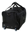 Rockland rolling duffel bag, 22-inch, black nylon luggage with wheels; angled front view