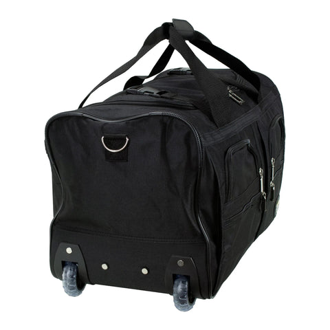 Rockland rolling duffel bag, 22-inch, black nylon luggage with wheels; angled front view