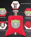 Heavy Duty Magnetic Pipe Center Finder With Built In Spring Punch Layout Tool showing bubble level, adjustable protractor, and center pole tip.