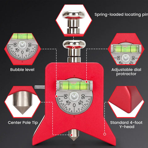 Heavy Duty Magnetic Pipe Center Finder With Built In Spring Punch Layout Tool showing bubble level, adjustable protractor, and center pole tip.