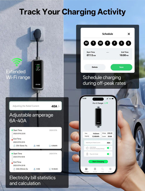 Badass Level Two EV Charger With Forty Amp J1772 Connector Slick WiFi App Control, showing adjustable charging settings and activities.