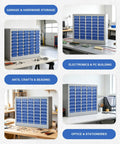40 Drawer Steel Parts Cabinet With ABS Bin Organizers For Garage And Workshop on various desks with tools and supplies.