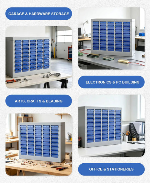 40 Drawer Steel Parts Cabinet With ABS Bin Organizers For Garage And Workshop on various desks with tools and supplies.