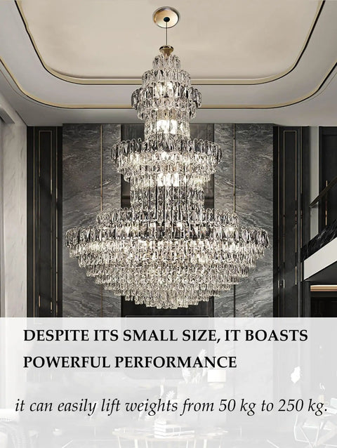 Retractable Pendant Hoist System For Chandeliers And Lighting with crystal chandelier in luxurious interior space.