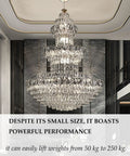 Retractable Pendant Hoist System For Chandeliers with 150 Kg Capacity lifting a large crystal chandelier in elegant room.