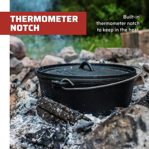 Preseasoned 10 Inch Cast Iron Dutch Oven With Lid For Outdoor Cooking, 4 Qt Capacity, Heavy Duty Camp Pot, in campfire with coals