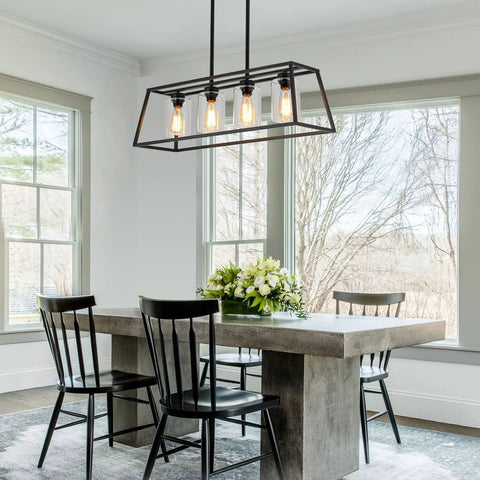 Dope Modern Farmhouse Linear Pendant Light Fixture With Glass Shade Four Light Black Steel Dining Room Chandelier hanging over table